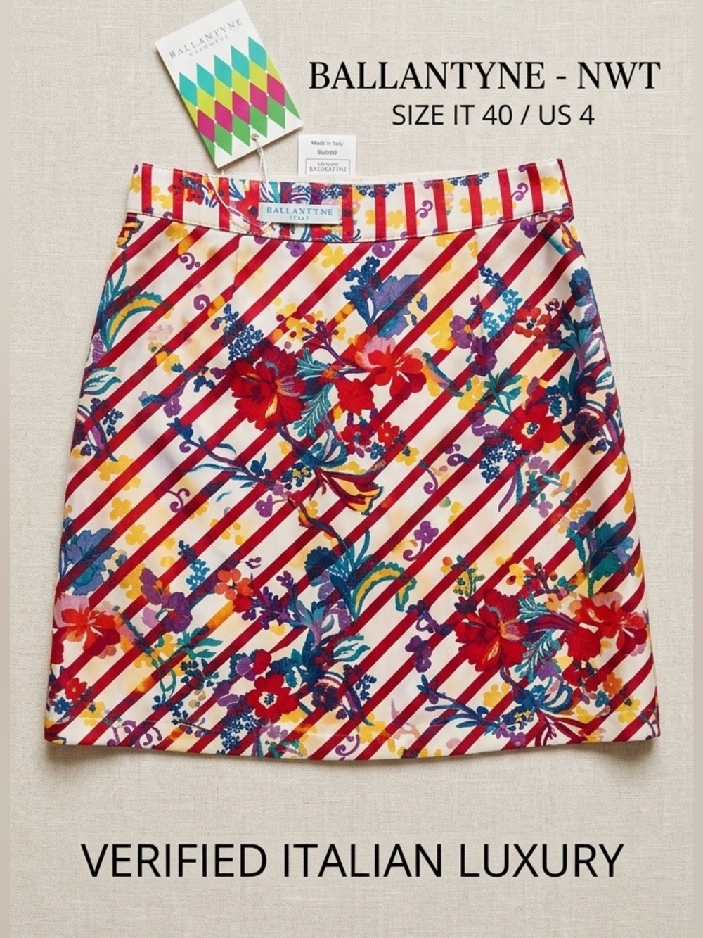NWT BALLANTYNE Italy Designer Floral Stripe Mini Skirt IT40 US4 Luxe Maximalist